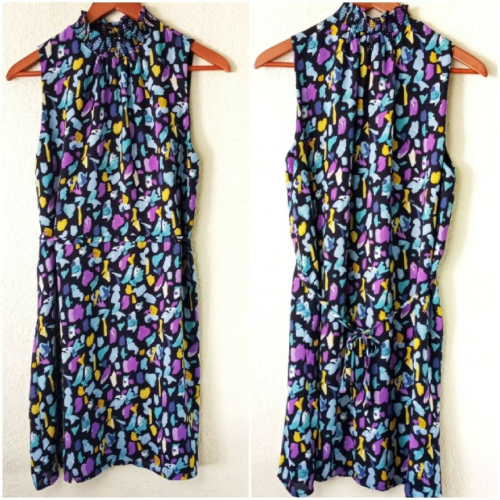 Gibson Colorful Smocked Mandarin Collar Fit And Flare Sleeveless Dress Size M